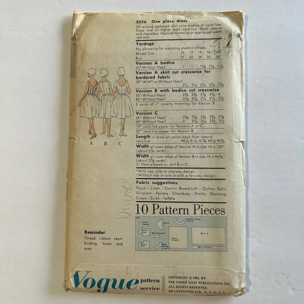Vogue Vintage 1960's Pattern #5256 Dress Size 12 Bust 32 Hip 34‎